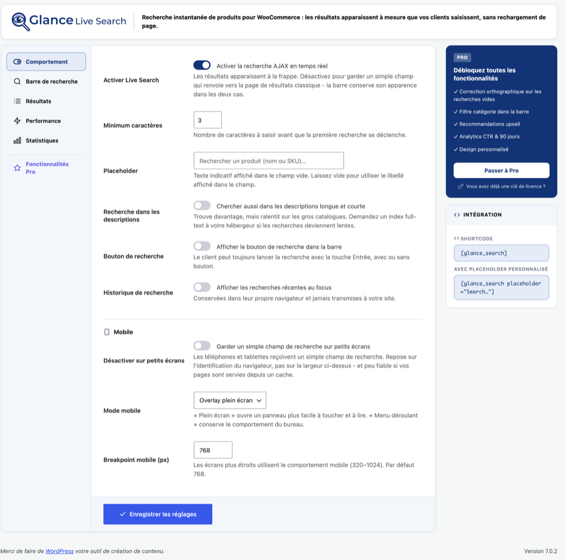 The plugin settings screen in WordPress: a tab sidebar, labelled toggles each with an explanatory sentence, and a panel holding the shortcode.