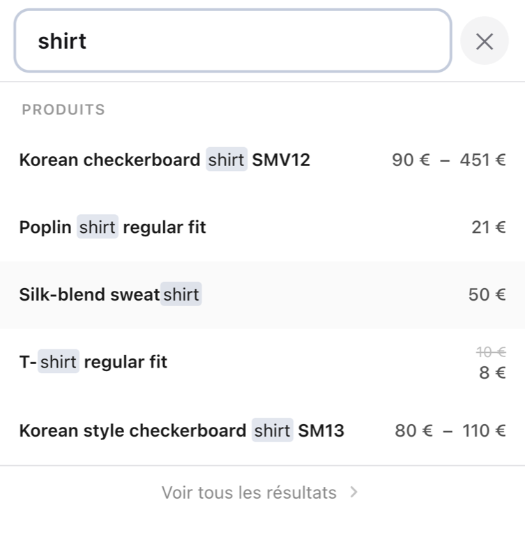 Full-screen search panel on an iPhone-sized screen, with a close button and five highlighted results.