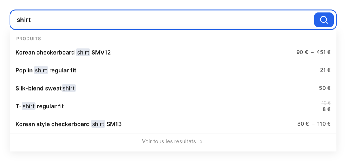 Results panel listing five products matching "shirt", each with the matched word highlighted and its price, ending with a "See all results" link.