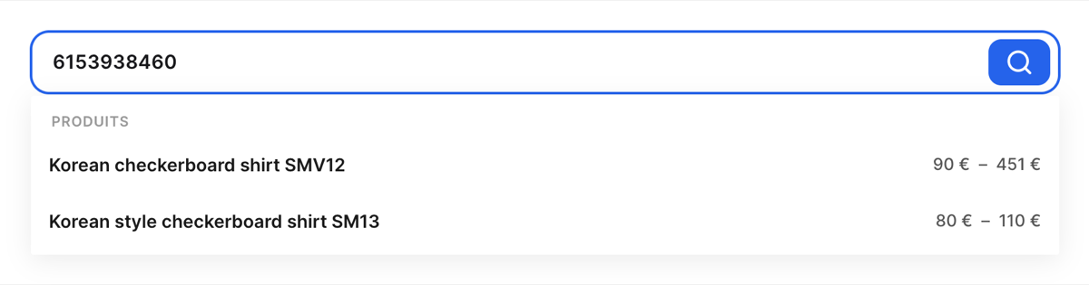 The Glance search bar: the partial product code 6153938460 brings up the two products that carry it, with their price ranges.