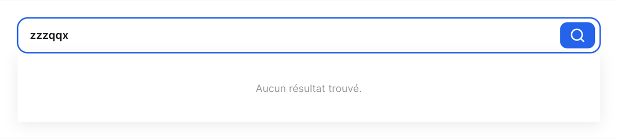 Search box containing a query with no match; the panel below reads "Aucun résultat trouvé."